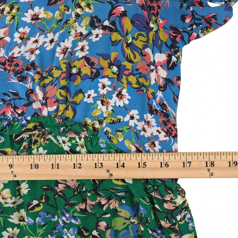 Anthropologie Robin Tiered Mini Dress Blue Green Floral Boho Cottagecore S